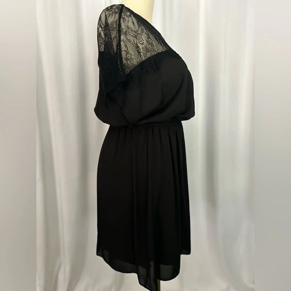 Maitai Black Lace Yoke Chiffon Dress | Elastic Waist | Short Sleeve (1160-6)